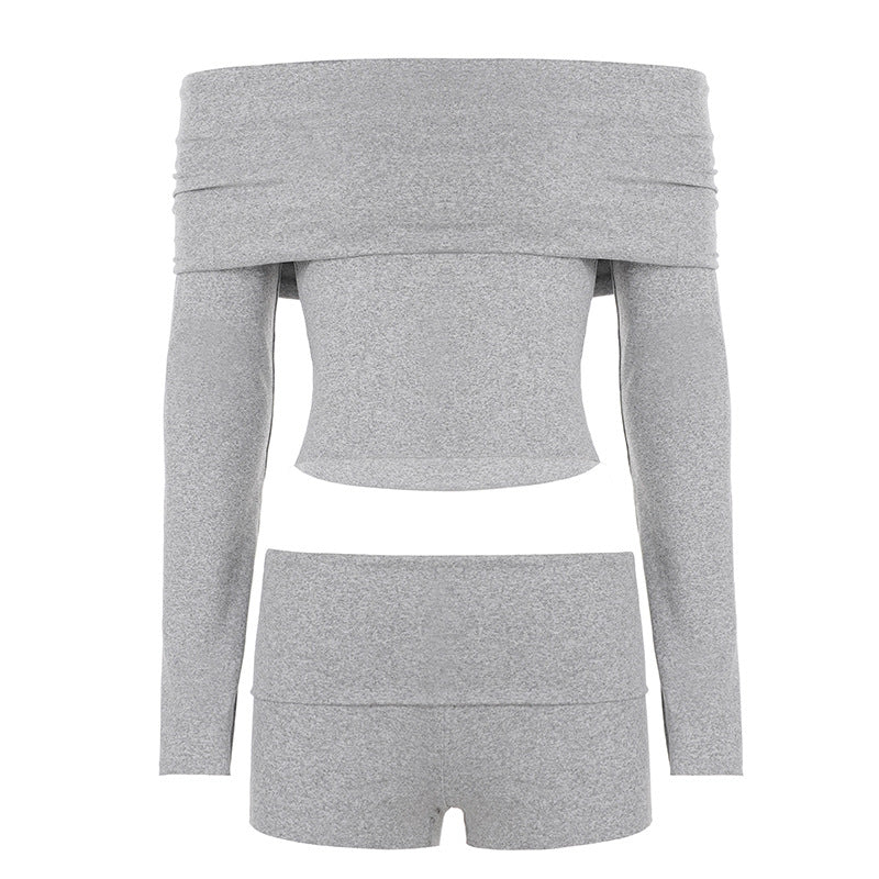 Damen nan Off-Shoulder Lounge-Set mit Langarm-Croptop und Highwaist-Shorts aus Stretchjersey Drune