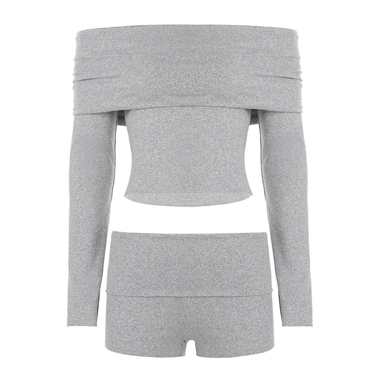 Damen nan Off-Shoulder Lounge-Set mit Langarm-Croptop und Highwaist-Shorts aus Stretchjersey Drune
