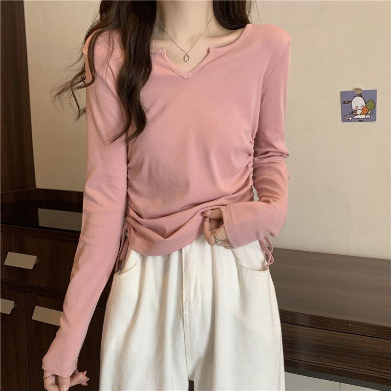 Damen vielseitiges Langarmshirt mit modischem V-Ausschnitt und Raffung Drune