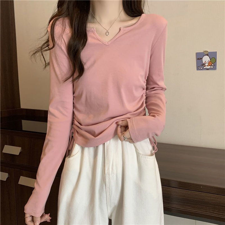 Damen vielseitiges Langarmshirt mit modischem V-Ausschnitt und Raffung Drune