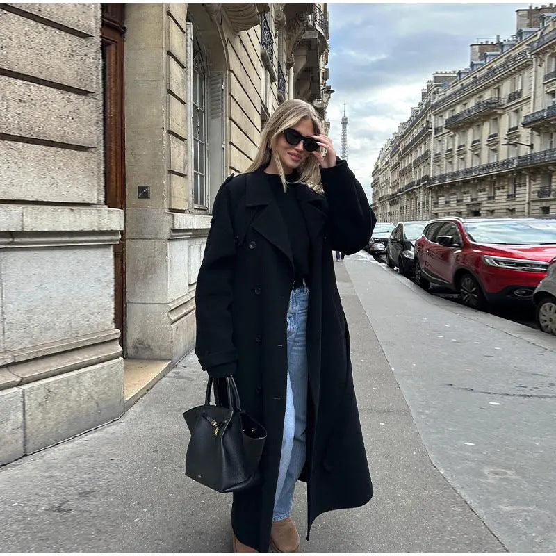 Damen Eleganter Oversized-Trenchcoat mit modischem Gürtel und breiten Ärmeln Drune