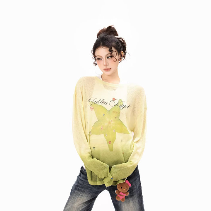 Damen Langarmshirt aus weichem Feinstrick mit Dip-Dye‑Gradient und Sternblüten‑Print Drune