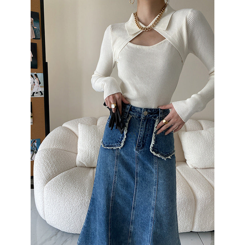 Damen modisches Langarmshirt mit raffiniertem Ausschnitt Drune
