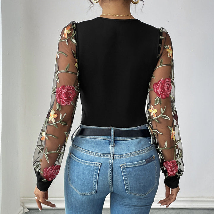 Damen Bestickter Mesh-Body mit V-Ausschnitt und transparenten Blumenärmeln Drune