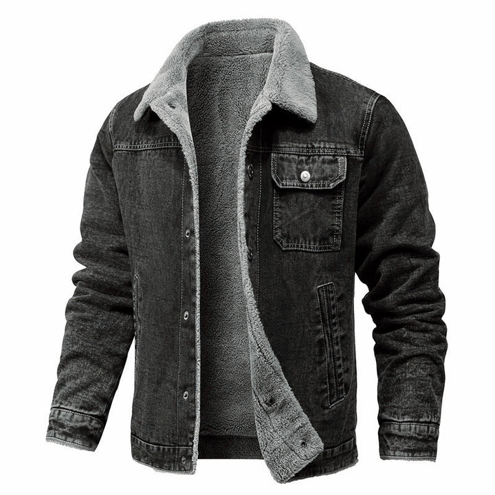 Herren gewaschene Denim-Workerjacke mit Teddyfutter und eingelassenen Seitentaschen Drune