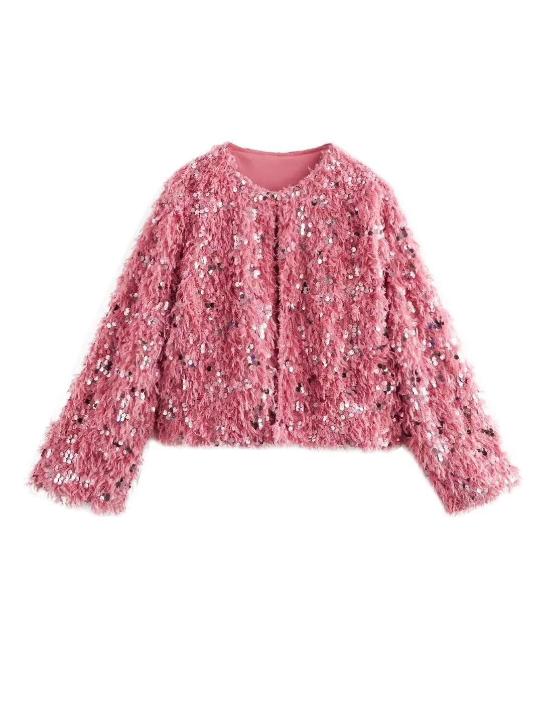 Damen Cropped‑Jacke aus flauschigem Faux‑Fur mit Paillettenbesatz Drune