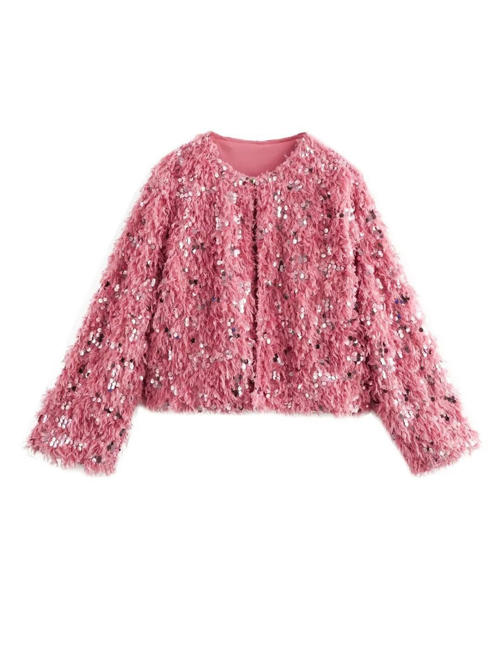Damen Cropped‑Jacke aus flauschigem Faux‑Fur mit Paillettenbesatz Drune