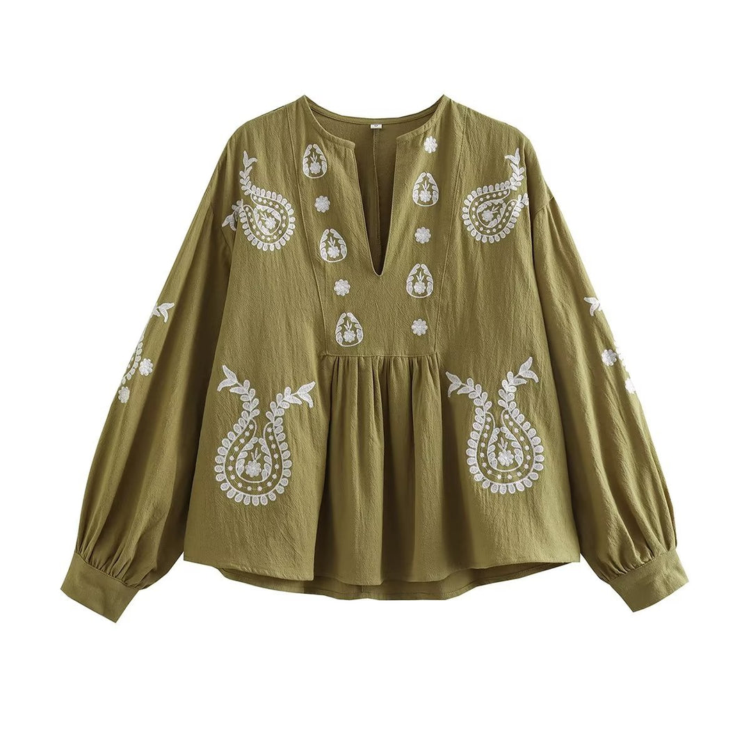 Damen nan bestickte Boho-Tunika mit Paisley-Stickerei, V-Ausschnitt und voluminösen Balloonärmeln Drune