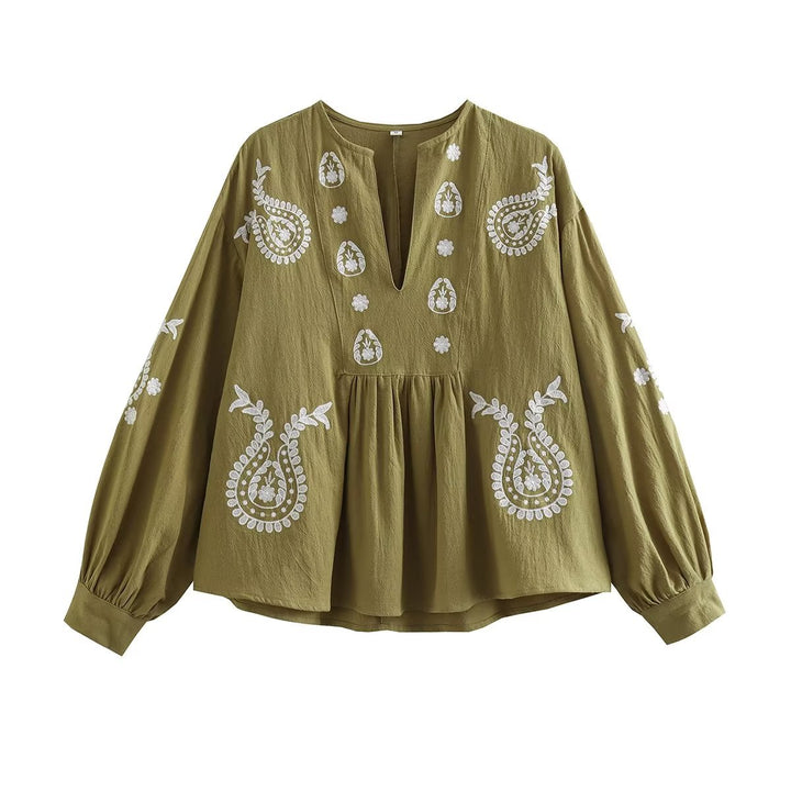 Damen nan bestickte Boho-Tunika mit Paisley-Stickerei, V-Ausschnitt und voluminösen Balloonärmeln Drune
