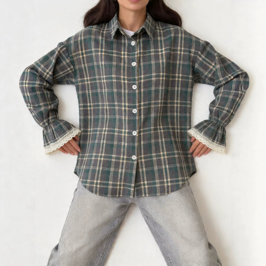 Damen Karo-Hemdbluse mit Spitzenmanschetten und Oversize-Schnitt Drune