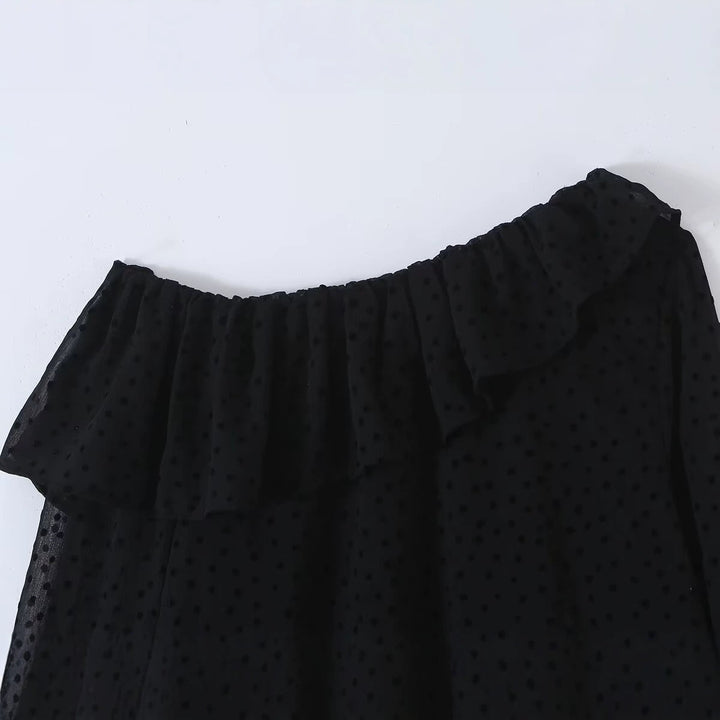 Damen Schulterfreie Chiffonbluse mit Volantkragen und transparenten Puffärmeln Drune