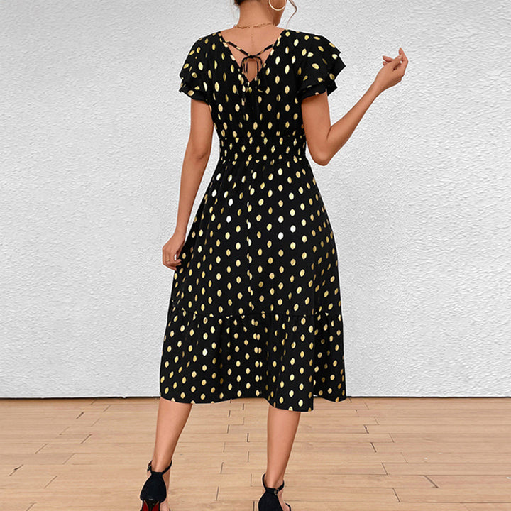 Damen Maxikleid mit Rüschendetails und schimmerndem Punktmuster Drune