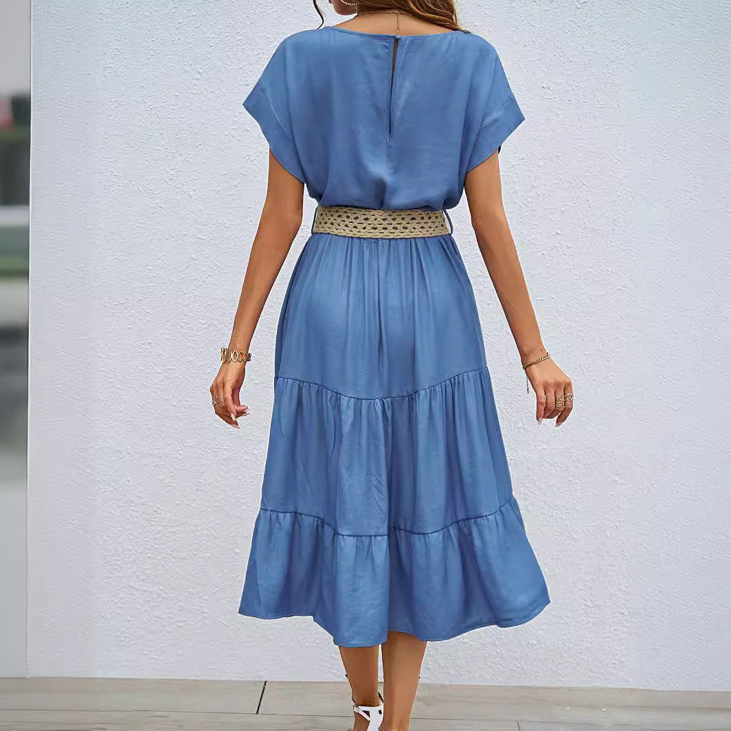 Damen lässiges Midi-Kleid mit elegantem Volant und taillierbarem Gürtel Drune