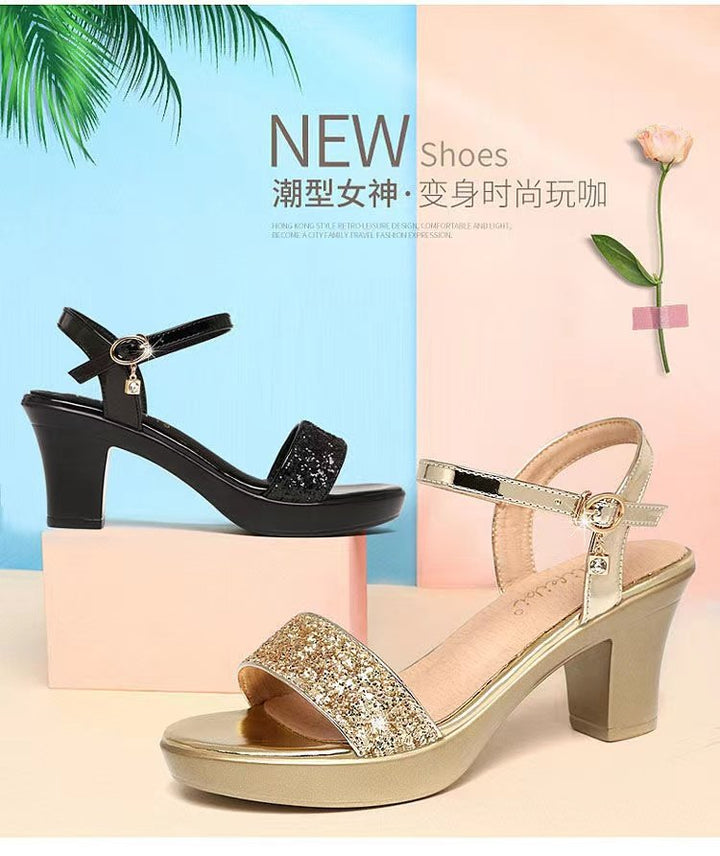 Damen nan Glitzer-Zehenschlaufen-Sandalette mit Plateaueffekt und stabilem Blockabsatz Drune