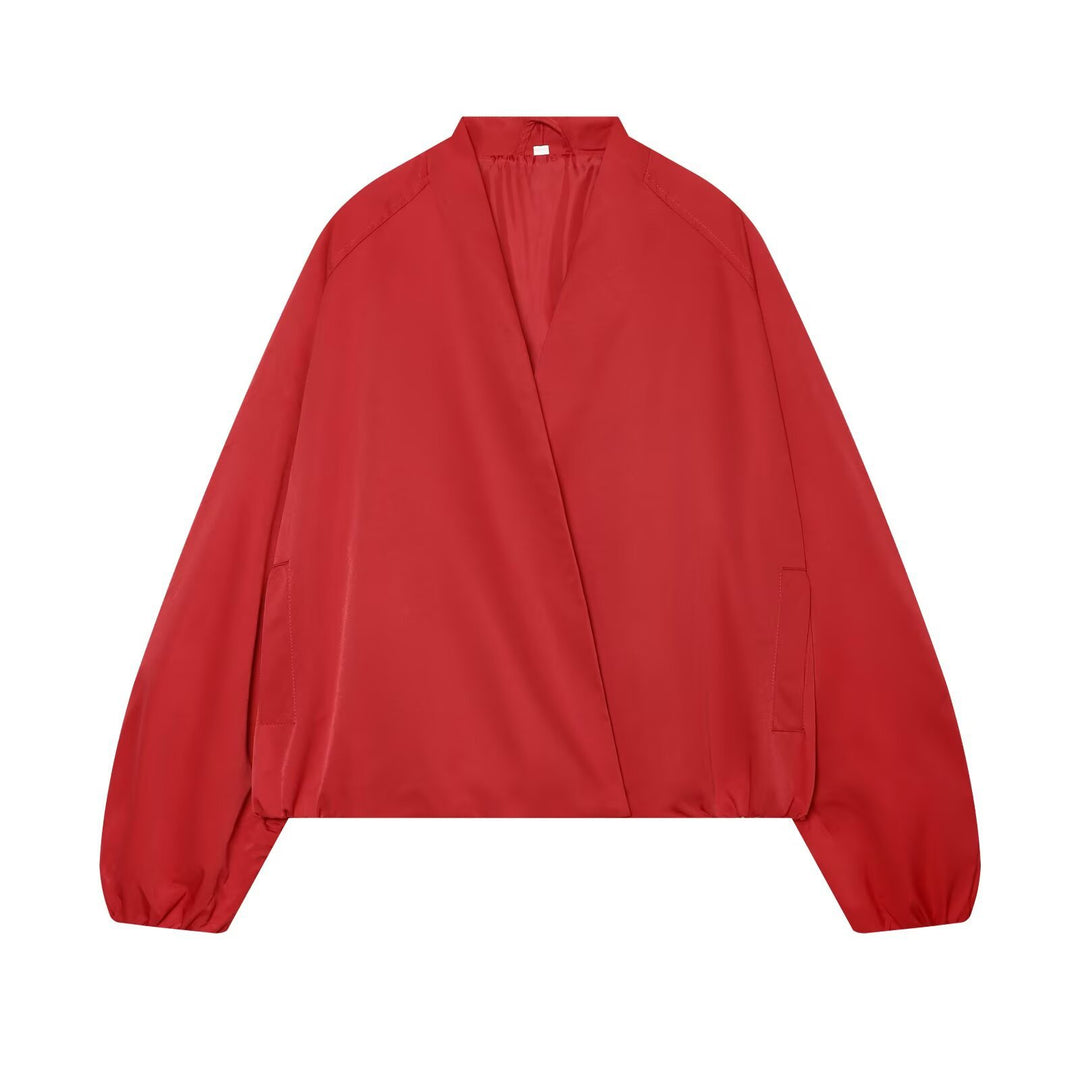 Damen Oversize Cropped Bomberjacke mit offenem V-Ausschnitt und elastischem Saum Drune