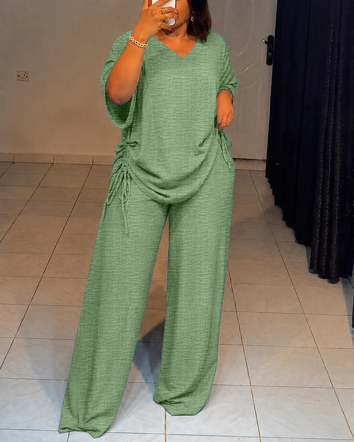 Damen Oversize-Lounge-Set mit V-Ausschnitt, seitlicher Raffung und weiter Palazzohose Drune