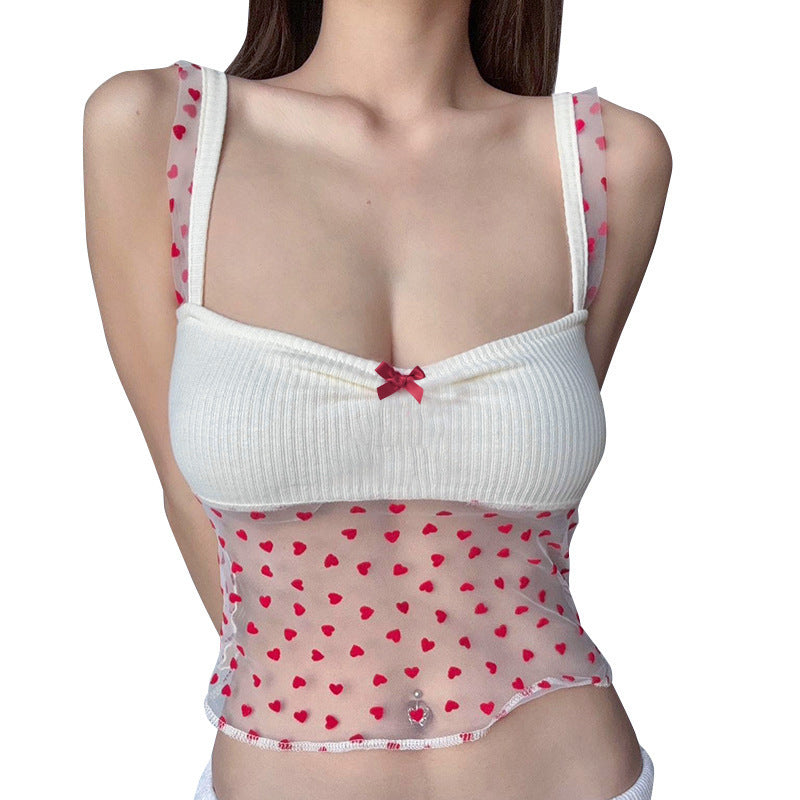 Damen Transparentes Top mit romantischem Herzmuster und doppeltem Träger Drune