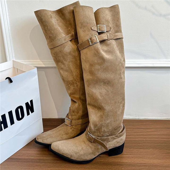 Damen Kniehohe Stiefel im Reiterstil mit verstellbaren Schnallen Drune