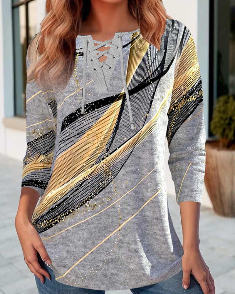 Damen nan Schnürkragen-Longshirt mit dreiviertel-Ärmeln und grafischem Metallic-Print Drune