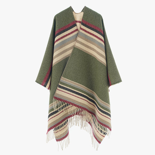 Damen Gestreifter Wollmix-Capeponcho mit Fransen Drune