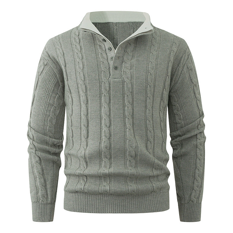 Herren Strukturierter Zopfstrick-Pullover mit Knopfleiste und Stehkragen Drune