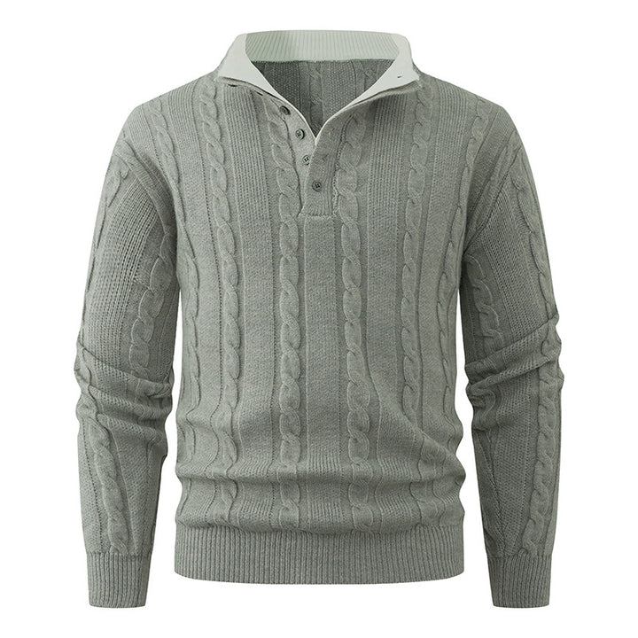Herren Strukturierter Zopfstrick-Pullover mit Knopfleiste und Stehkragen Drune