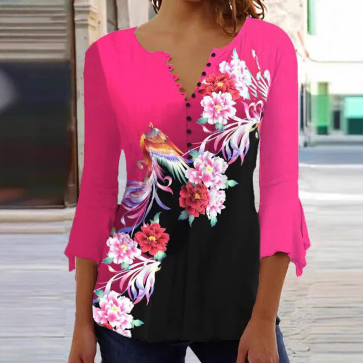Damen nan V-Ausschnitt Tunika-Bluse mit floralem Vogelmuster, dreiviertel-Volantärmeln und figurumspielendem Saum Drune