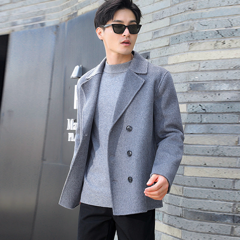 Herren Kurzer Doppelreiher Wollmix-Peacoat mit Reverskragen und Thermofutter Drune