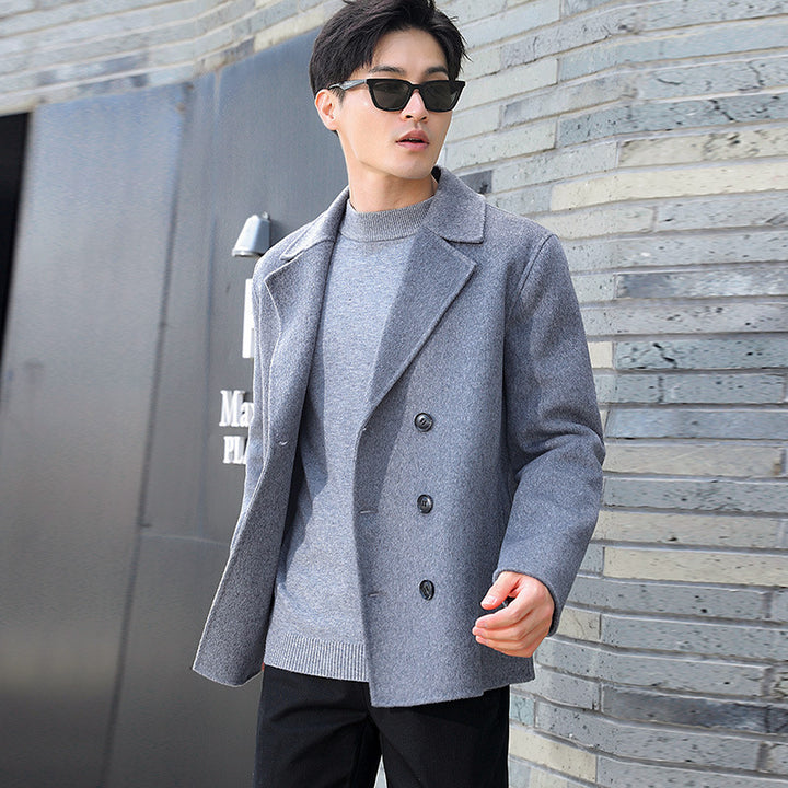 Herren Kurzer Doppelreiher Wollmix-Peacoat mit Reverskragen und Thermofutter Drune