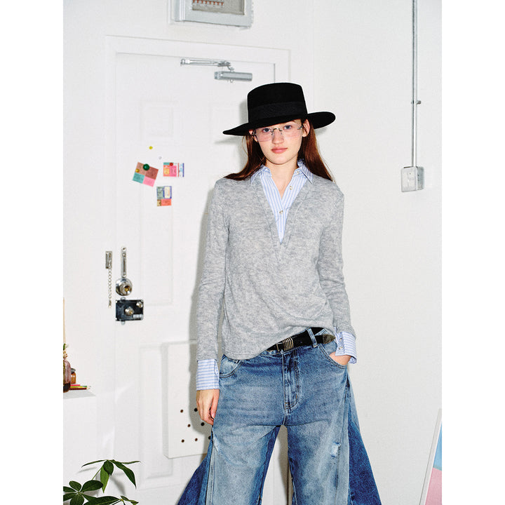 Damen Lagenlook-Pullover mit integriertem Hemdkragen und Manschetten Drune
