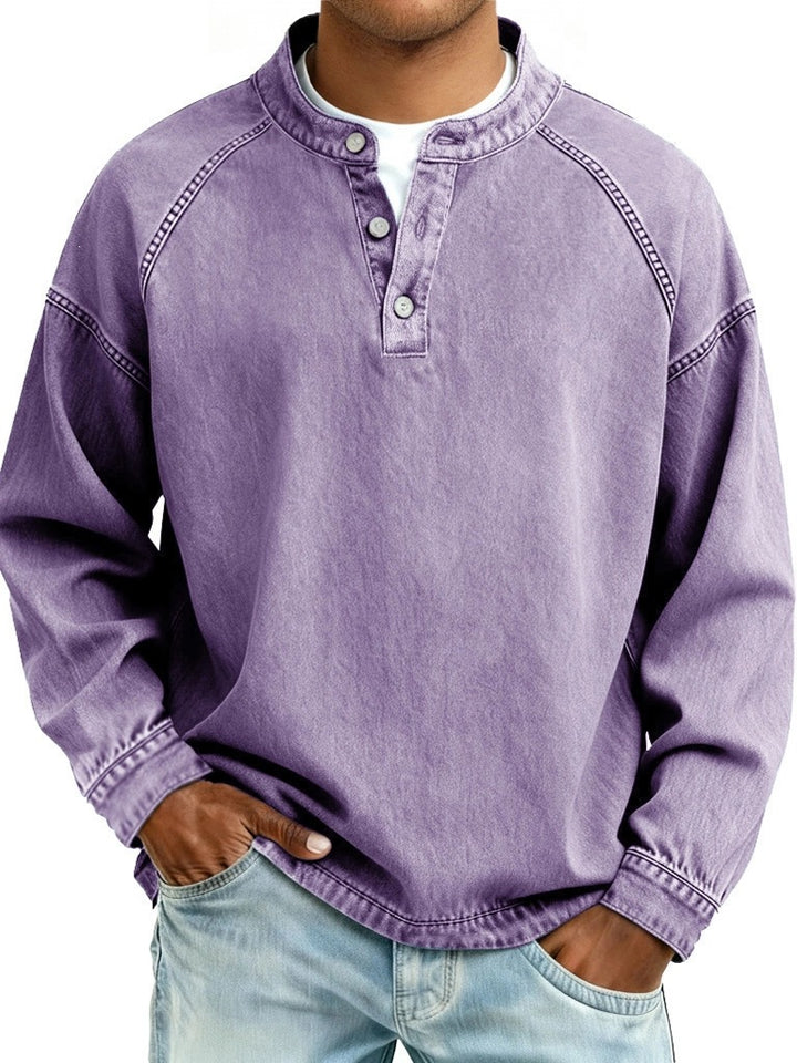 Herren Langarm-Henley Sweatshirt mit Stehkragen und Vintage-Denim-Effekt Drune