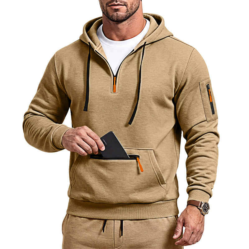 Herren sportlicher Kapuzenpullover mit halbem Reißverschluss und verschließbarer Kängurutasche Drune