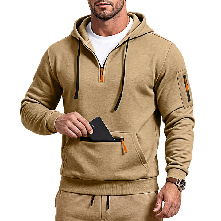 Herren sportlicher Kapuzenpullover mit halbem Reißverschluss und verschließbarer Kängurutasche Drune