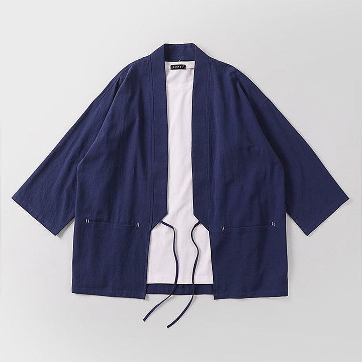 Unisex Kimono-Haori-Jacke mit Bindegürtel und dreiviertelärmeln Drune
