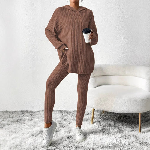 Damen Geripptes Feinstrick‑Loungewear‑Set mit Kapuzenpullover und hochtaillierten Leggings Drune