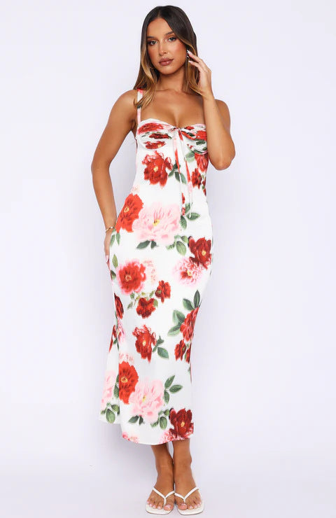 Damen figurbetontes Maxi-Kleid mit floralem Design und seitlichem Schlitz Drune