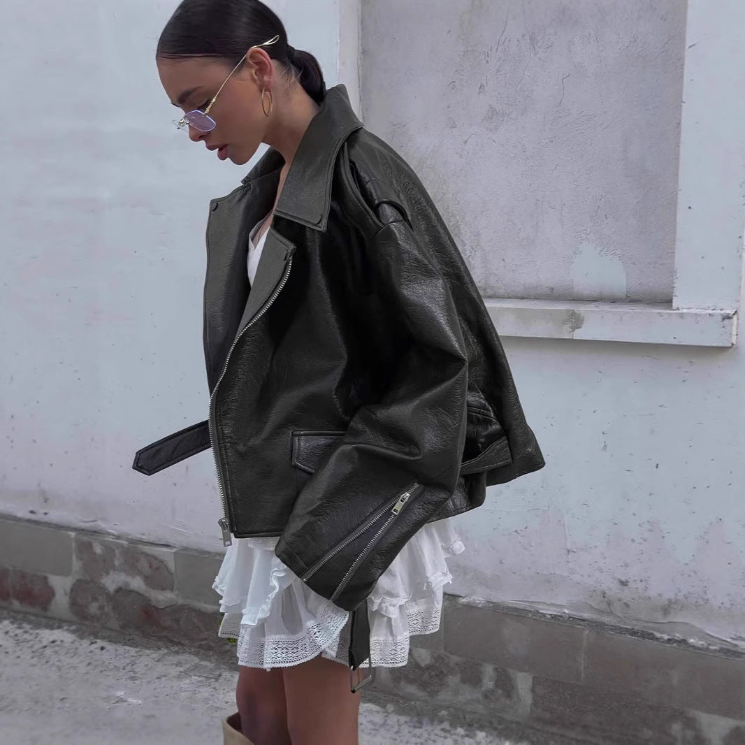 Damen Oversized Kunstlederjacke mit asymmetrischem Reißverschluss Drune