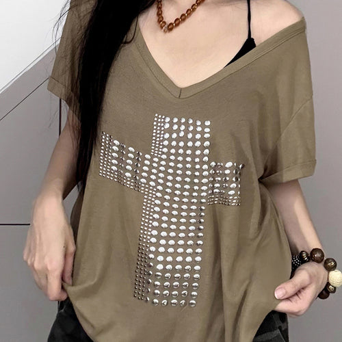 Damen stylisches Oversized T-Shirt mit Kreuz-Print und Glitzerdetails Drune