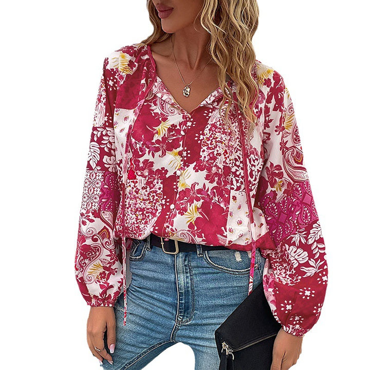 Damen Leichte Boho-Bluse mit Patchwork‑Print, Bindeschlitz und Ballonärmeln Drune