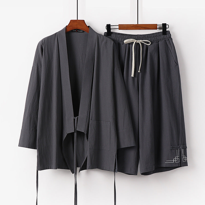 Damen Zen-Kimono-Lounge-Set aus atmungsaktivem Baumwollmix mit Bindebandjacke und weiten Culotte-Hose Drune
