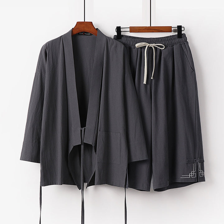 Damen Zen-Kimono-Lounge-Set aus atmungsaktivem Baumwollmix mit Bindebandjacke und weiten Culotte-Hose Drune