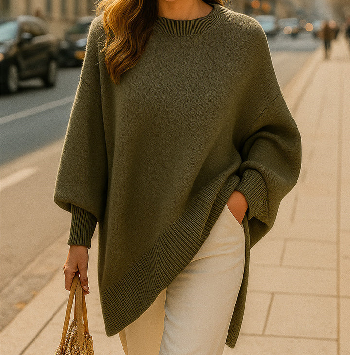 Damen Oversize Longline Feinstrick-Pullover mit Raglanärmeln und geripptem Saum Drune