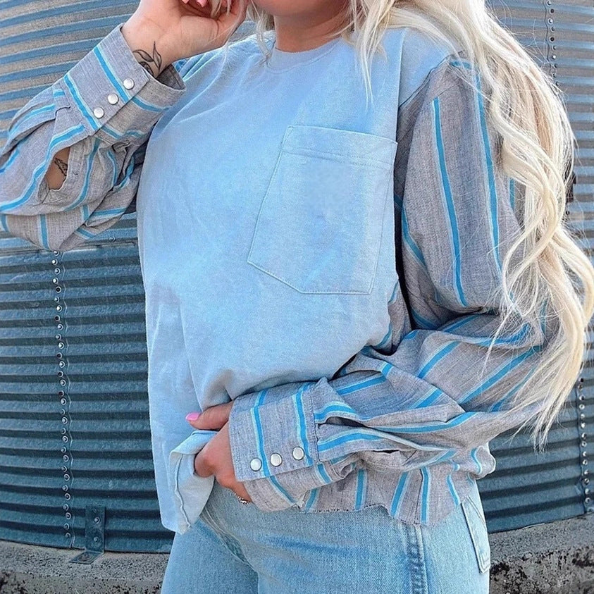 Damen nan Langarmshirt im Lagenlook mit Brusttasche und gestreiften Hemdärmeln Drune