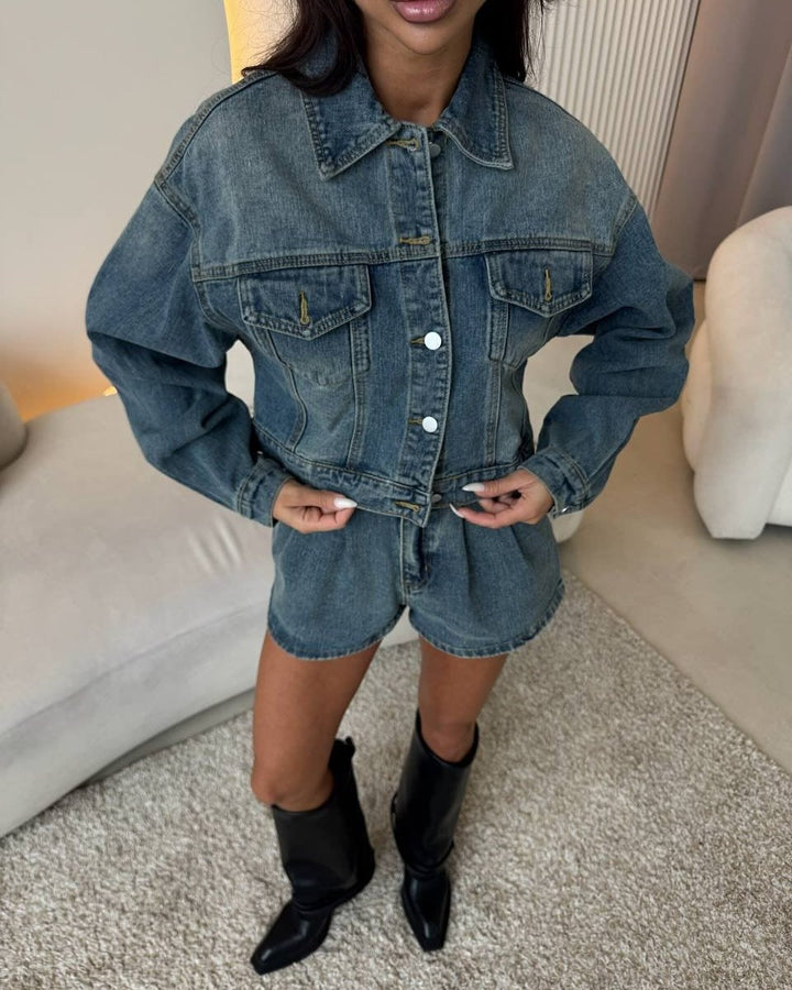 Damen Kurzgeschnittenes Jeans-Set mit verkürzter Jeansjacke und taillenhohen Shorts Drune