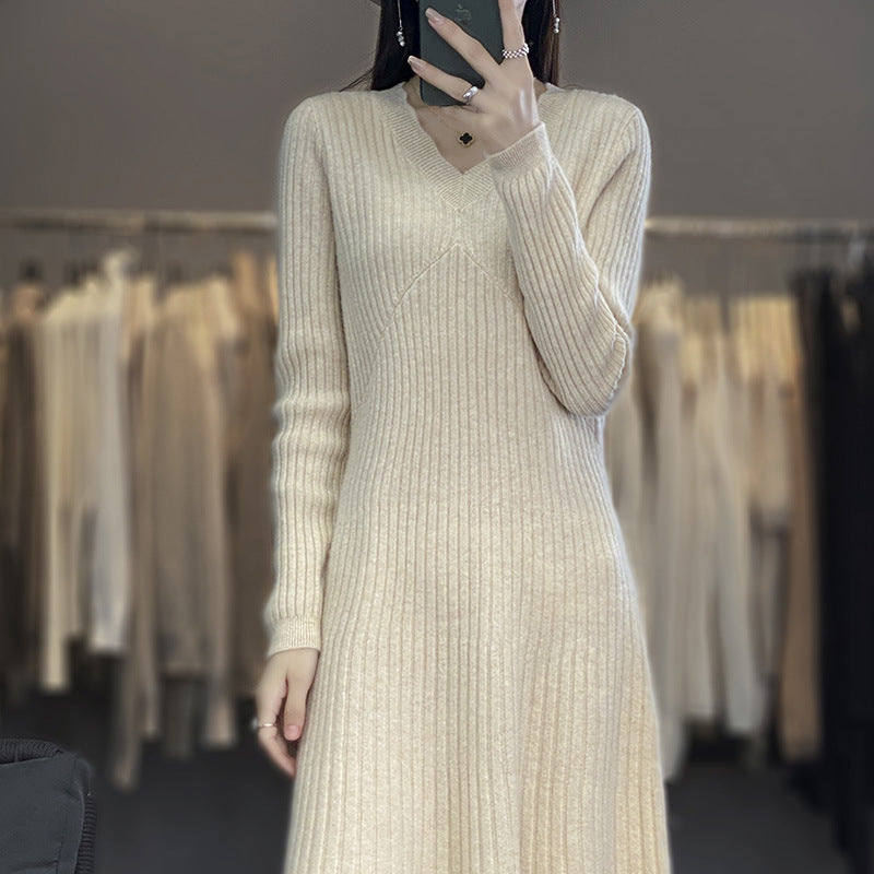 Damen Langes geripptes Strickmidikleid mit taillierter Silhouette und A‑Linien-Rock Drune