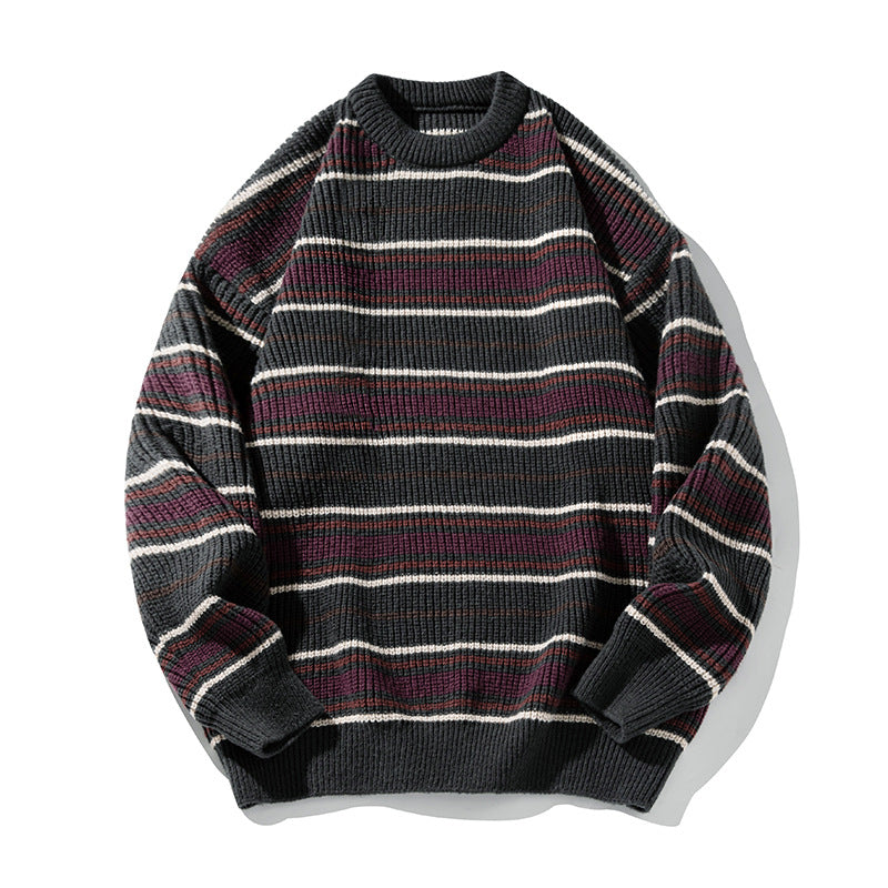 Unisex Grobstrickpullover im Streifenmuster mit Rippenstruktur, Rundhals und Drop-Shoulder Drune