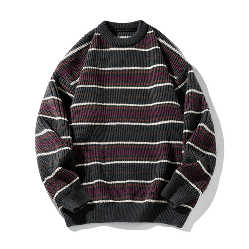 Unisex Grobstrickpullover im Streifenmuster mit Rippenstruktur, Rundhals und Drop-Shoulder Drune