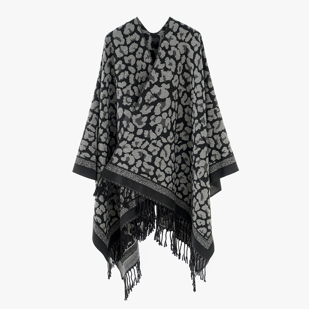 Damen Eleganter Jacquard-Überwurf mit Leopardenjacquard und Fransen Drune