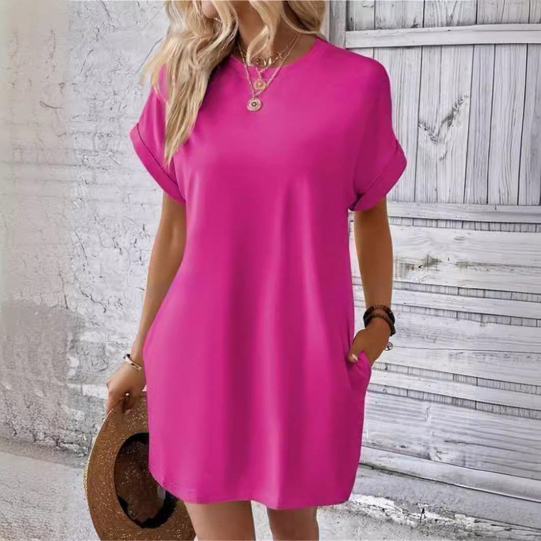 Damen lässiges T-Shirt-Kleid mit umschlagbaren Ärmeln und Taschen Drune