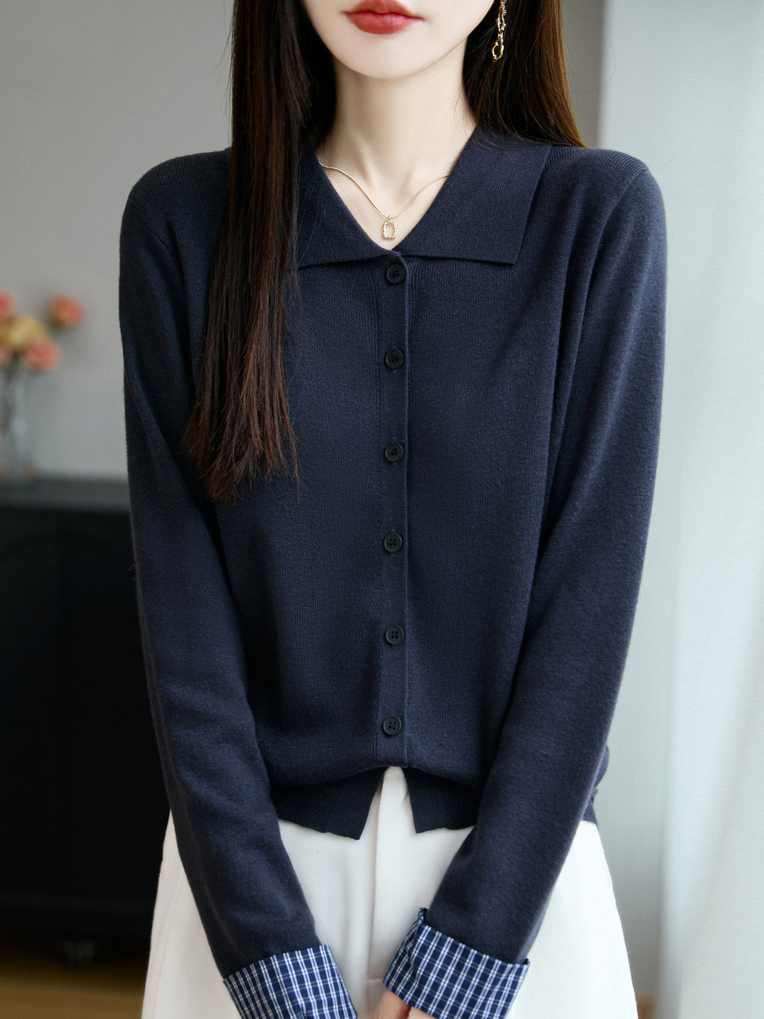 Damen Leichter Feinstrick-Cardigan mit breitem Hemdkragen und Frontknopfleiste Drune